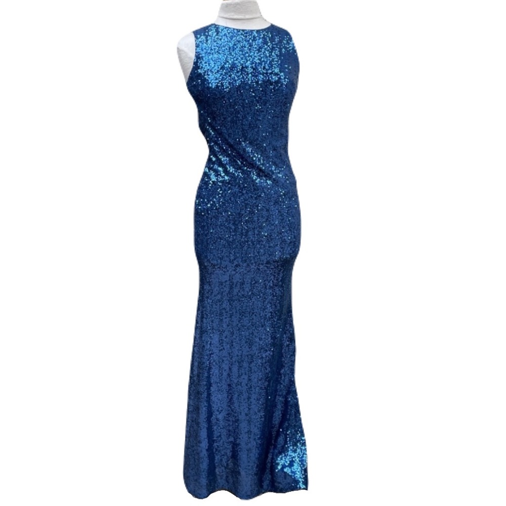 Full-length Blue Sequined Mermaid Backless Dress Gown